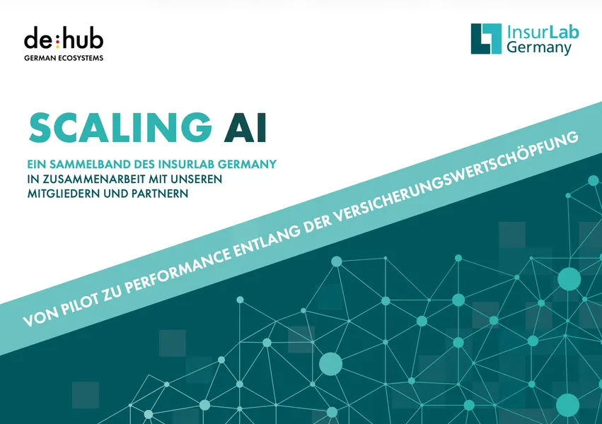 Das Bild zeigt das Cover des InsurLab Germany Sammelbands mit dem Titel 'SCALING AI – Von Pilot zu Performance entlang der Versicherungswertschöpfung_ auf einem weiß-türkisen Hintergrund mit einem digitalen Netzwerkmuster.