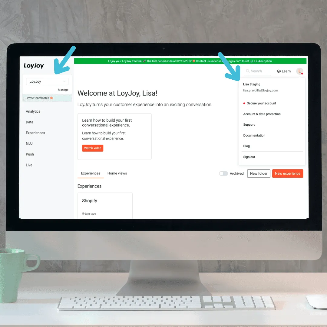 Die LoyJoy-Plattform mit Pfeilen, die auf Tenants auf der linken Seite und dein Benutzer-Icon auf der rechten Seite zeigen.