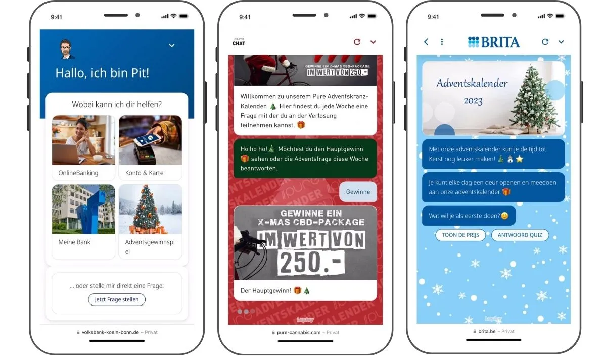 Die drei Adventskalender-Agents von Volksbank Köln Bonn, pure cannabis and brita Belgien.