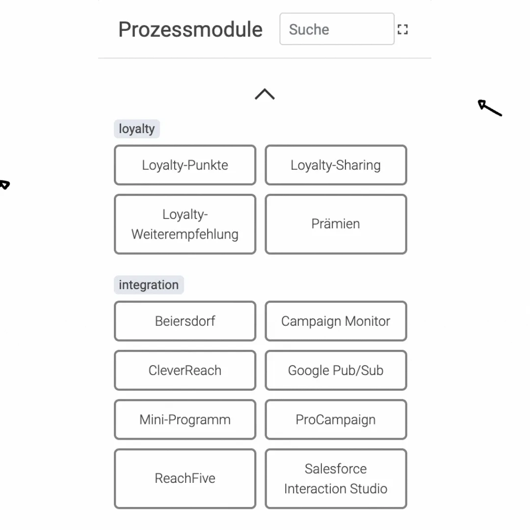 Verschiedene Prozessmodule sind in zwei Gruppen geordnet. Loyalty (Loyalty-Punkte, Loyalty-Sharing, Loyalty-Empfehlung und Belohnungen) und Integration (Beiersdorf, Campaign Monitor, CleverReach, Google Pub/Sub, Mini-Programme, ProCampaign, ReachFive und Salesforce Interaction Studio).