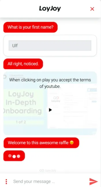 Eine Chat-Experience, in der ein Kunde seinen Namen eingegeben hat, um an einer Verlosung teilzunehmen.