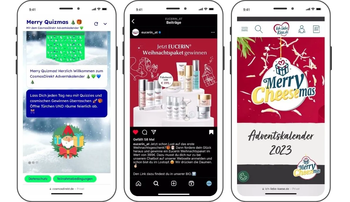Die drei Adventskalender-Agents von CosmosDirekt, eucerin Österreich und ich liebe Käse.de.
