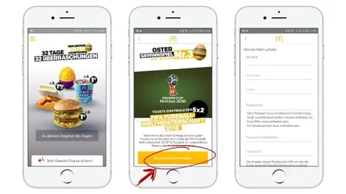 Drei iPhones werden angezeigt. Auf dem linken ist die McDonalds-Website geöffnet. Das mittlere zeigt das Oster-Gewinnspiel und das rechte zeigt das Registrierungsformular für das Gewinnspiel.