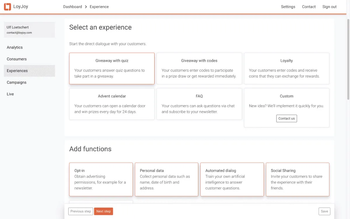 Die LoyJoy-Plattform. Wo man zwischen verschiedenen Experience-Stilen wählen kann.