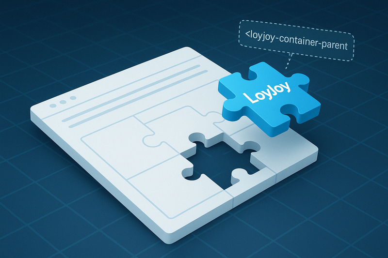 Ein Puzzle mit einem fehlenden Stück. Auf dem fehlenden Stück steht LoyJoy drauf. Darüber eine Sprechblase mit dem Inhalt '<LoyJoy-container-parent'.