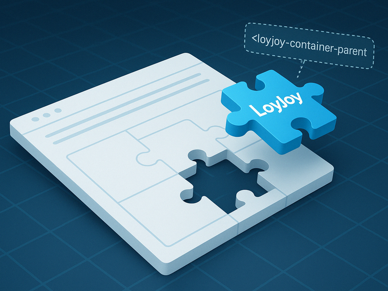 Ein Puzzle mit einem fehlenden Stück. Auf dem fehlenden Stück steht LoyJoy drauf. Darüber eine Sprechblase mit dem Inhalt '<LoyJoy-container-parent'.