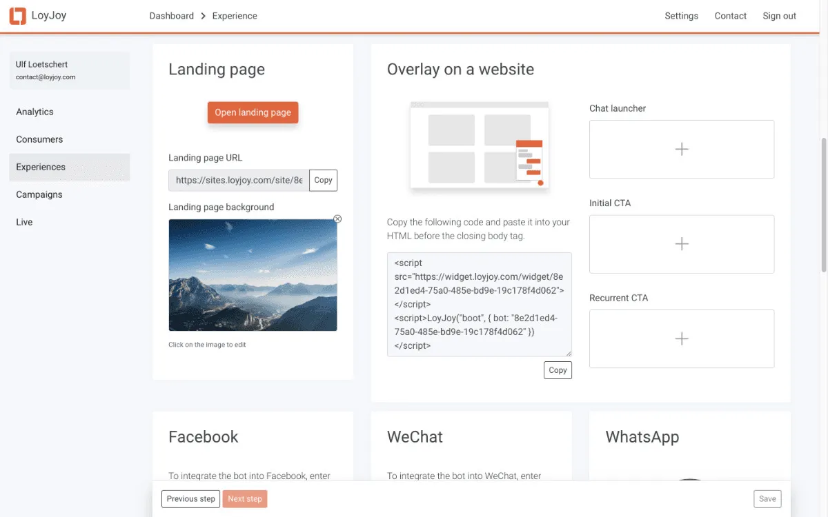 Verschiedene Bearbeitungsoptionen werden auf der LoyJoy-Plattform angezeigt. Bearbeite die Landingpage, das Overlay auf einer Website und integriere die Experience in verschiedene Social Media.