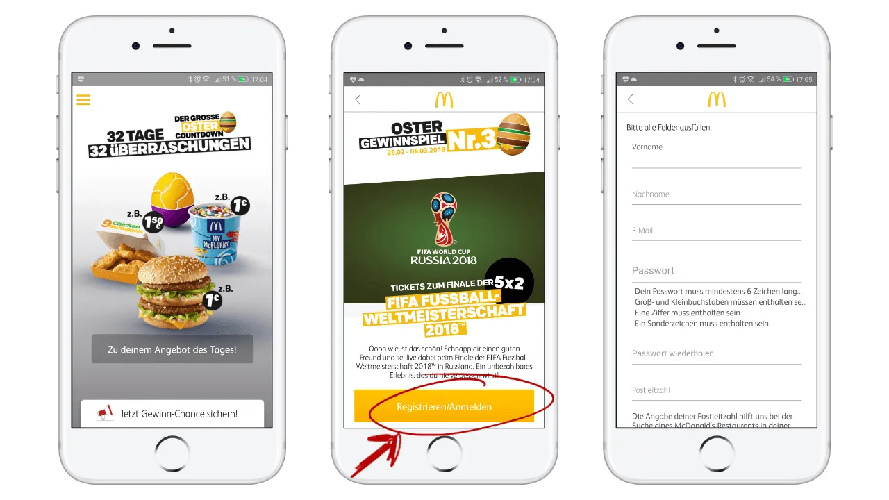 Drei iPhones werden angezeigt. Auf dem linken ist die McDonalds-Website geöffnet. Das mittlere zeigt das Oster-Gewinnspiel und das rechte zeigt das Registrierungsformular für das Gewinnspiel.