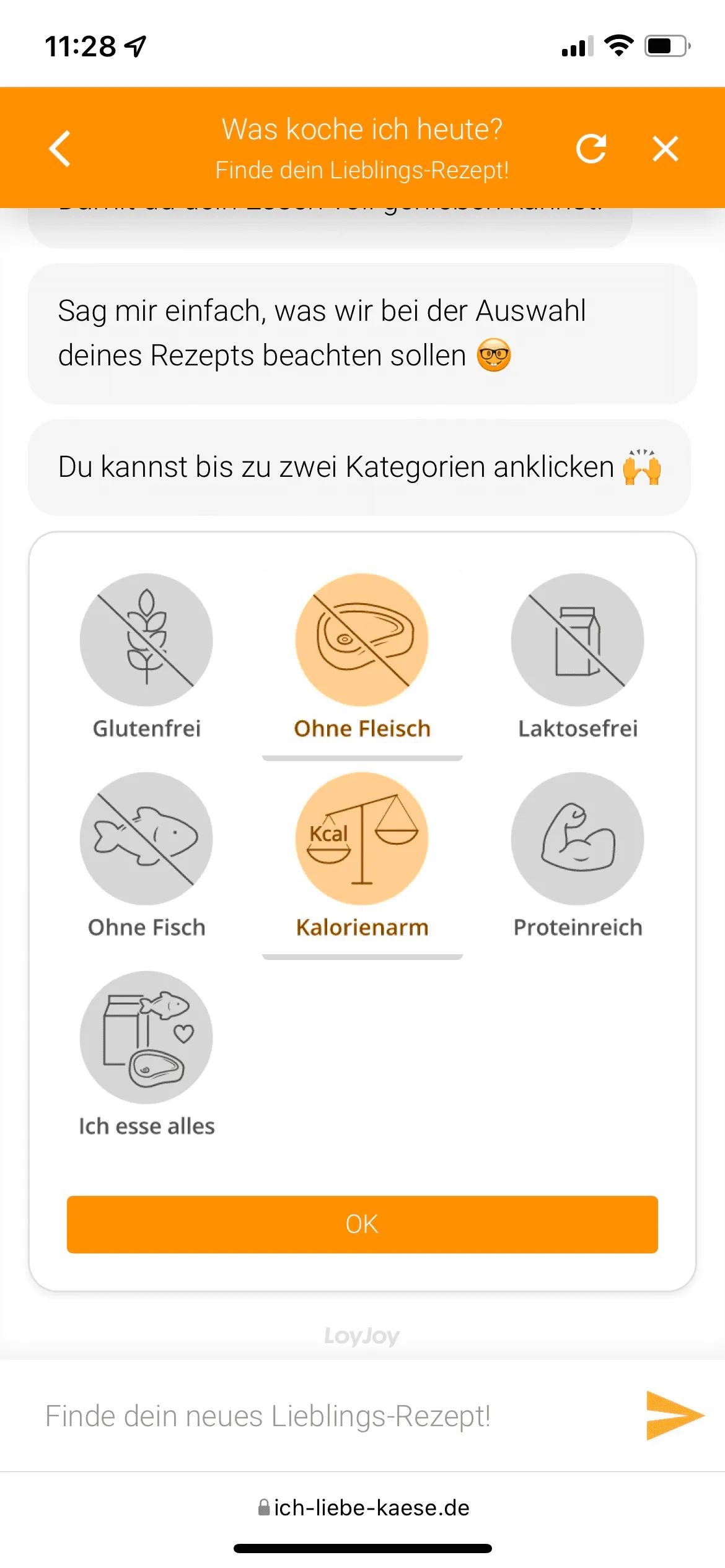 Der Savencia-Rezeptefinder. Du kannst bis zu 2 Diäten wählen (glutenfrei, vegetarisch, etc.).