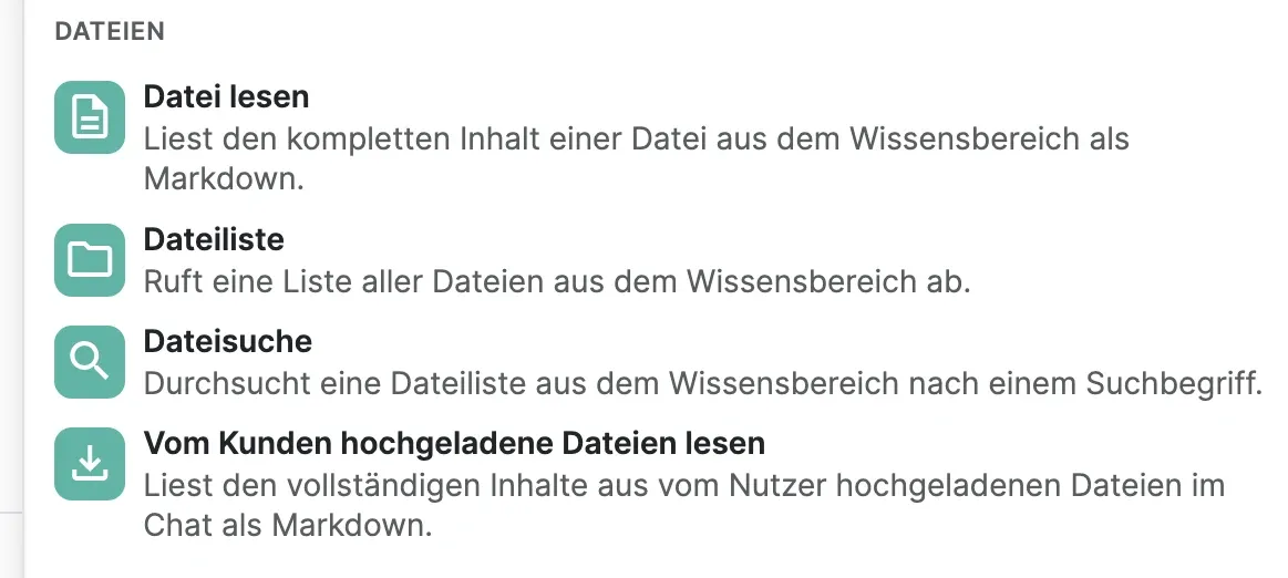 Die vier Datei-Tools des AI-Agent-Moduls in der LoyJoy Platform: Datei lesen, Dateiliste, Dateisuche und vom Kunden hochgeladene Dateien lesen.