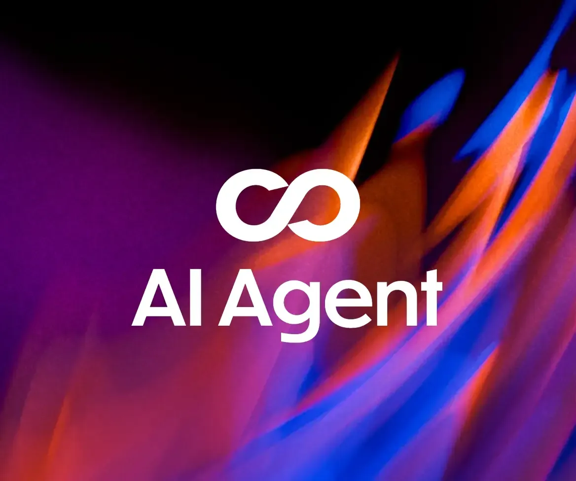 Marken-Grafik mit LoyJoy-Endlossymbol und dem Schriftzug AI Agent auf farbigem Lichtverlauf.