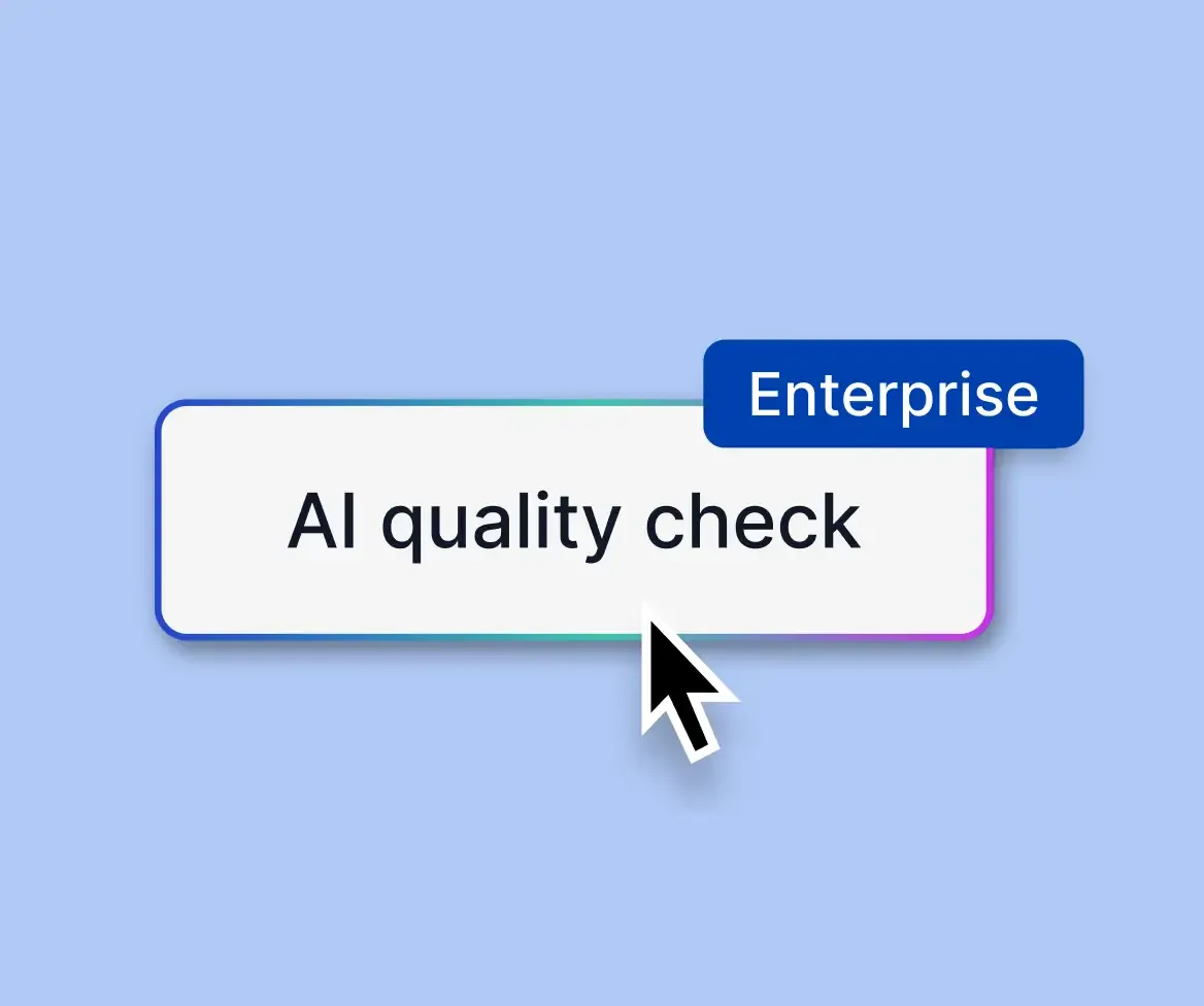 Illustration mit Kachel-Button, Enterprise-Badge und Mauszeiger als Sinnbild für die KI-gestützte Dialog-Prüfung.