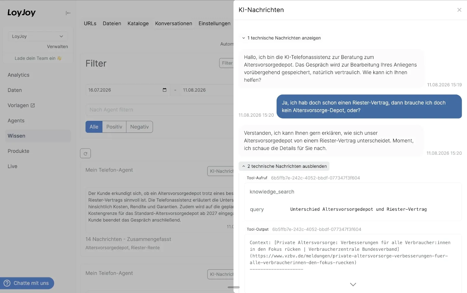 Tool-Aufruf, Tool-Ergebnis und Wissenskontext in der Konversationsdetailansicht