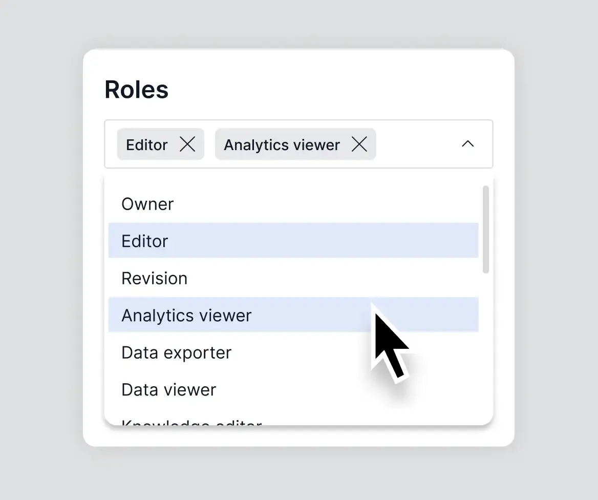 Rollen-Auswahlfeld mit Optionen wie Owner, Editor, Revision, Analytics Viewer und Data Exporter für granulare Rechtevergabe.