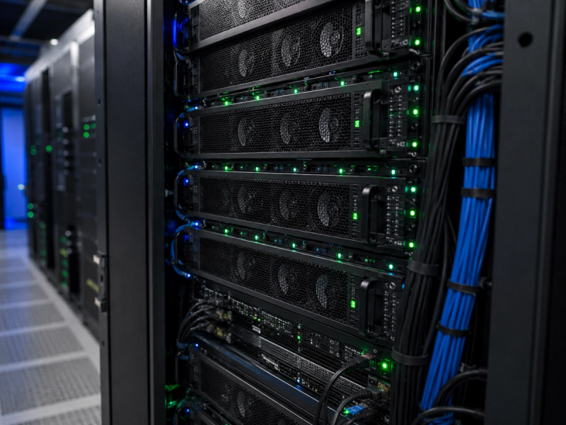 Server rack with active network and status LEDs in LoyJoy's data center.