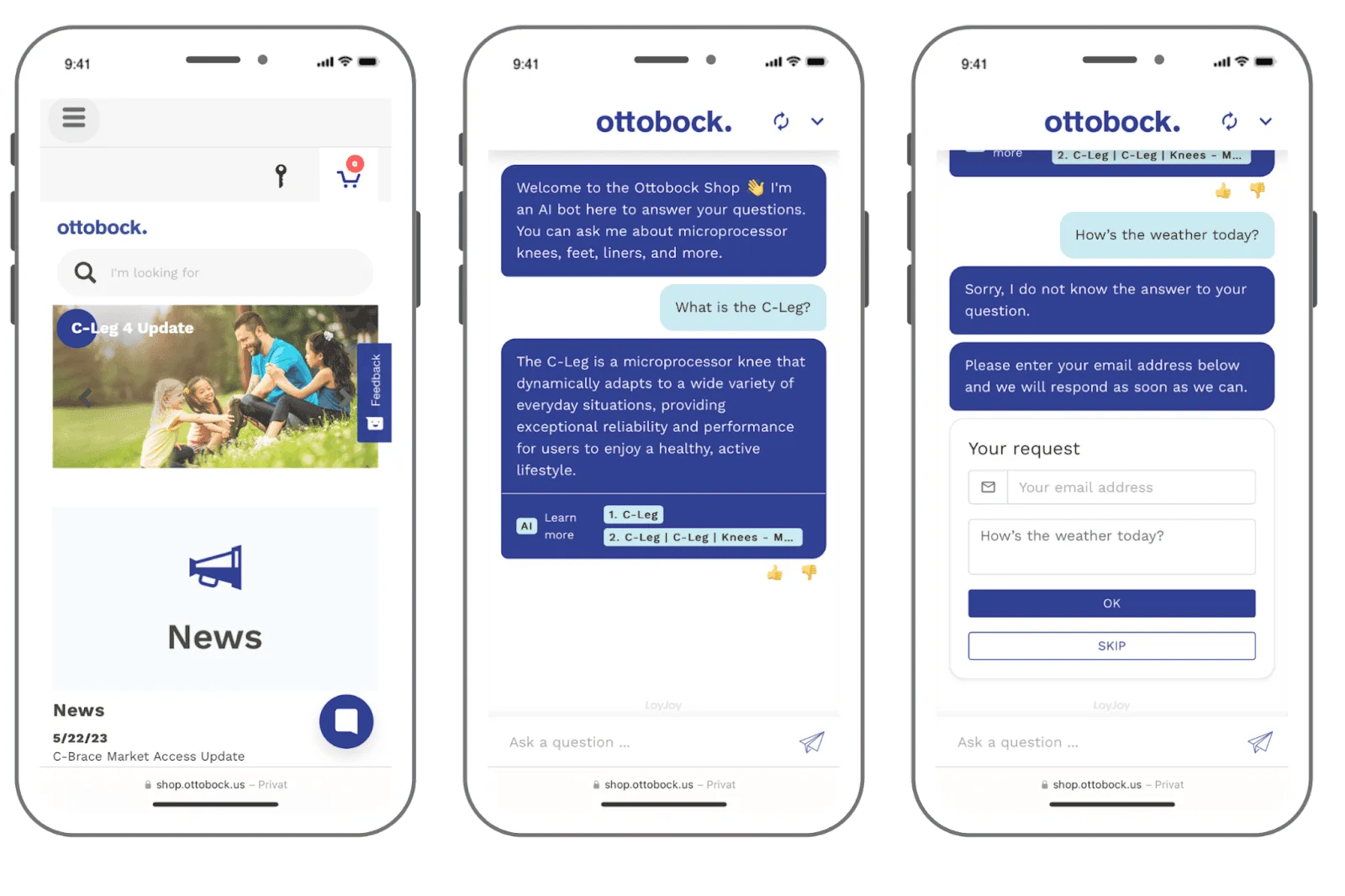 Der Ottobock US Berater-Chat wird angezeigt. Wählen Sie eine vordefinierte Frage aus, um loszulegen, oder geben Sie eine individuelle Frage ein. Holen Sie sich die gewünschten Informationen und klicken Sie auf die angegebenen Links, um mehr zu erfahren. Der Chat antwortet nur auf geschäftsbezogene Fragen. Bei Bedarf leitet er an den Support weiter.