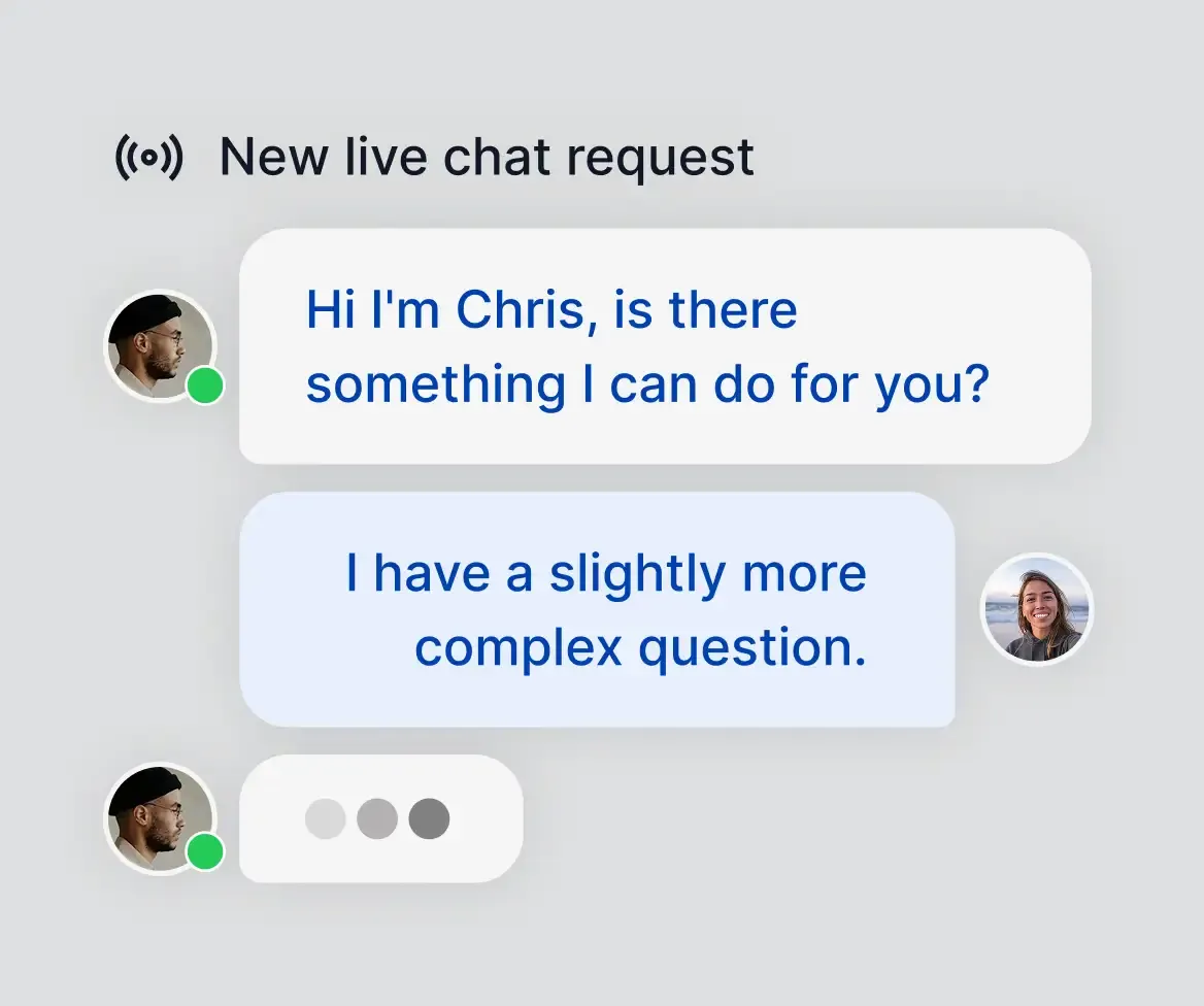 Live-Chat-Anfrage mit Agent-Bubble, Nutzer-Antwort und einem tippenden Live Agent im Übergabemoment.
