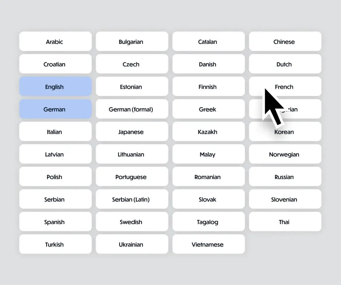 Sprach-Auswahl mit über 35 Sprachen von Arabisch bis Vietnamesisch, Deutsch und Englisch sind aktiviert.