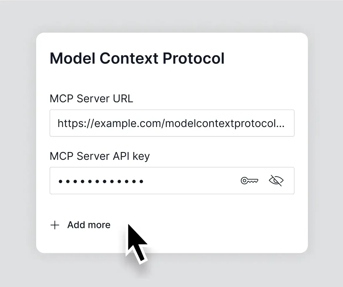 Konfigurations-Karte für Model Context Protocol mit Eingabefeldern für MCP-Server-URL und API-Key.