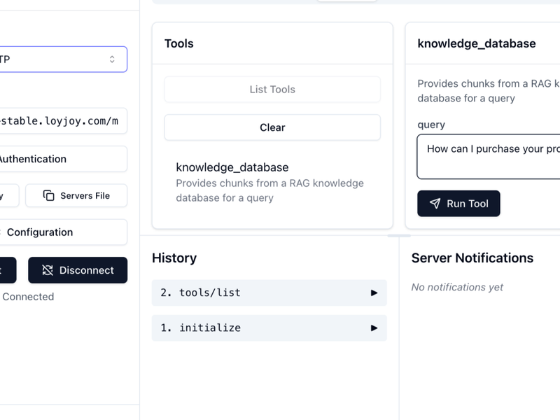 Der Blick in den MCP-Inspector mit eingebundenem MCP-Server von LoyJoy