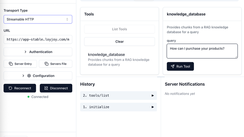 Der Blick in den MCP-Inspector mit eingebundenem MCP-Server von LoyJoy