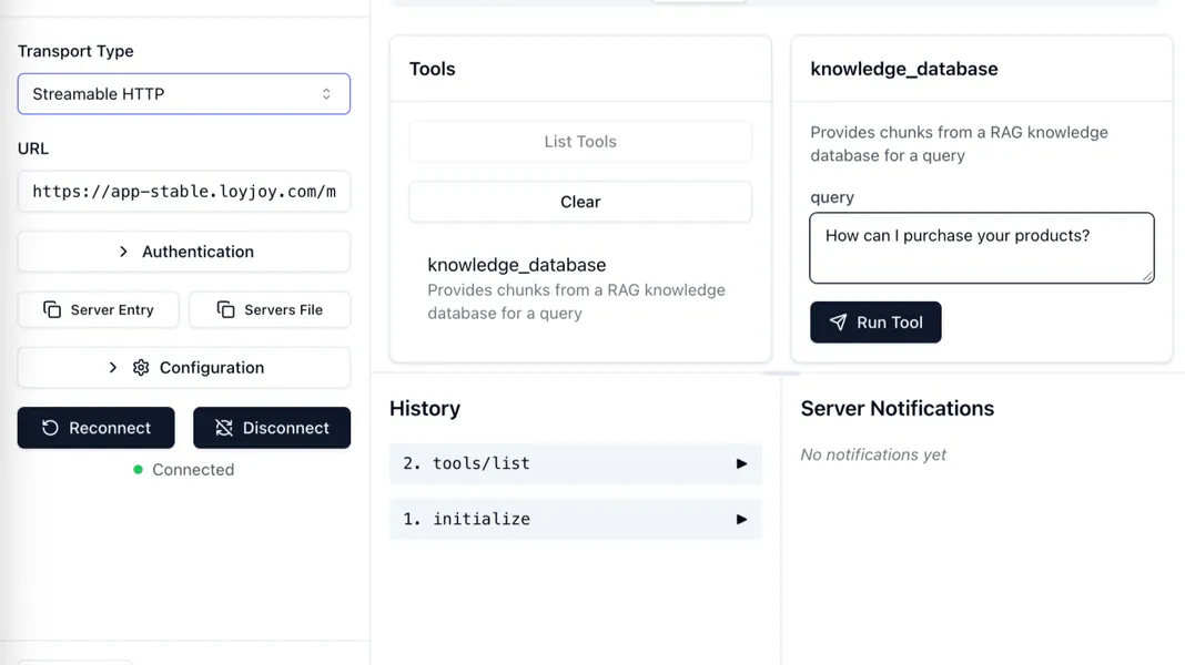 Der Blick in den MCP-Inspector mit eingebundenem MCP-Server von LoyJoy