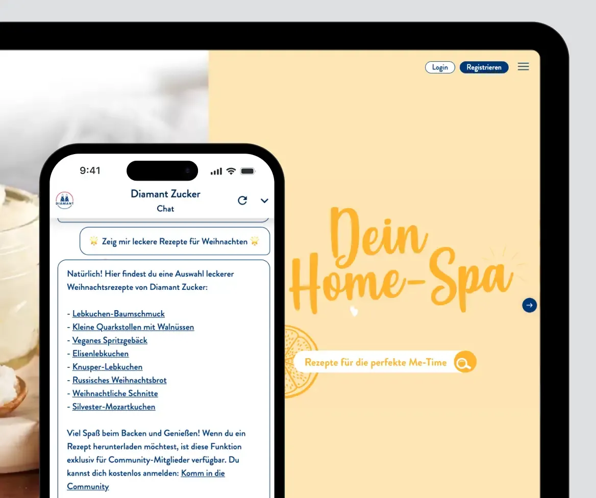 Tablet mit Home-Spa-Website und Smartphone mit Diamant-Zucker-Chat als Beispiel für Multi-Device-Ausspielung.