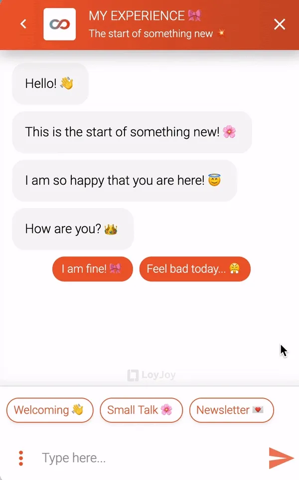 Ein Chat-Beispiel wird gezeigt. Wenn der Chat-Nutzer auf die Frage "Wie geht es dir?" mit "Mir geht's gut!" antwortet, geht der Chat mit animiertem Konfetti im Hintergrund weiter.
