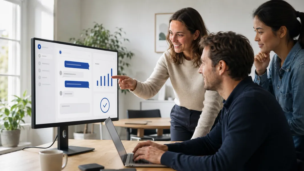 Drei Personen im Büro betrachten gemeinsam einen Monitor mit einer Chat-Oberfläche und einem Balkendiagramm zur Auswertung eines AI-Agent-Pilotprojekts.