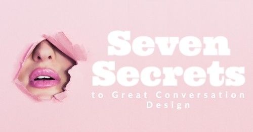 Ein rosa Hintergrund. Auf der rechten Seite das Beitragsthema "Sieben Geheimnisse des Conversation Designs". Auf der linken Seite sind Nase und Mund einer Person durch den rosa Hintergrund sichtbar.