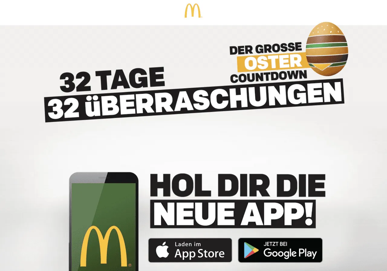 Kunden werden über das Oster-Gewinnspiel informiert und aufgefordert, die McDonalds-App aus dem AppStore oder Google Play herunterzuladen.