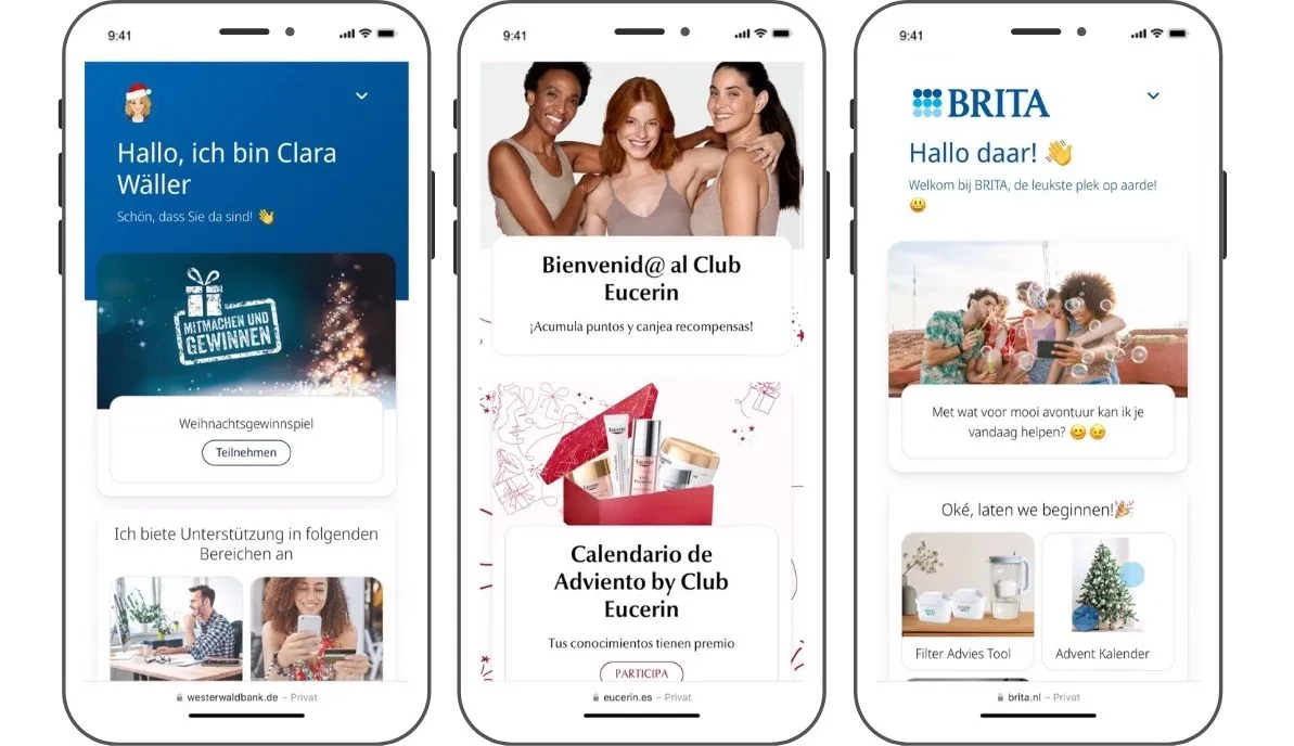 Die drei Adventskalender-Agents von Westerwald Bank, eucerin Spanien and brita Niederlande.