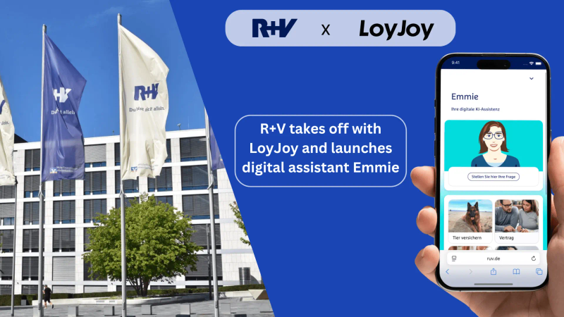 The image shows the launch of the digital assistant Emmie from R+V Insurance, developed with LoyJoy. On the left is the R+V building with fluttering flags, on the right a smartphone with the chatbot Emmie. In the middle it says: 'R+V works together with LoyJoy and launches digital assistant Emmie.'.