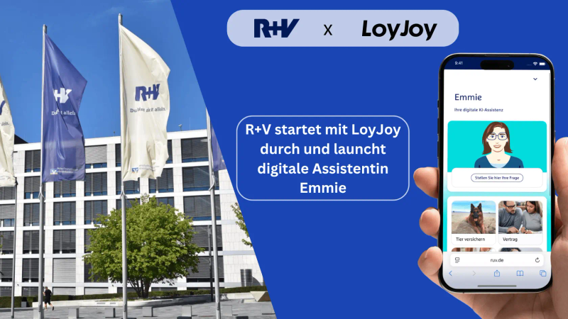 Das Bild zeigt den Start der digitalen Assistentin Emmie der R+V Versicherung, entwickelt mit LoyJoy. Links ist das R+V-Gebäude mit wehenden Fahnen zu sehen, rechts ein Smartphone mit dem Chatbot Emmie. In der Mitte steht: 'R+V startet mit LoyJoy durch und launcht digitale Assistentin Emmie.'.