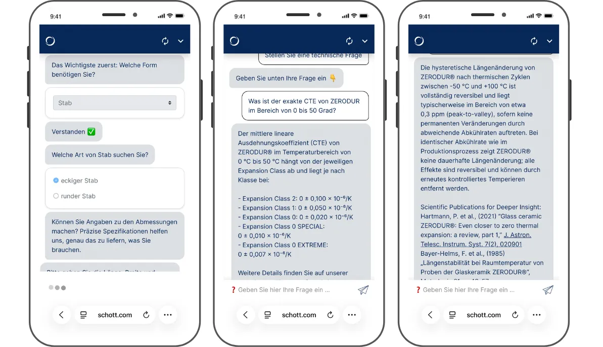 Screemshots des Zerodur Chatbots
