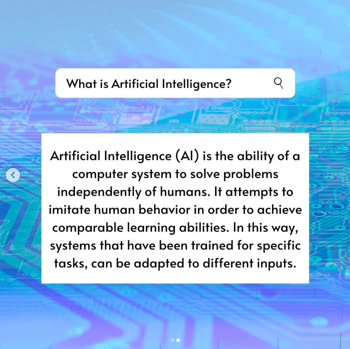 Ein Suchfeld mit einer Antwort. Was ist Künstliche Intelligenz? Künstliche Intelligenz (KI) ist die Fähigkeit eines Computersystems, Probleme unabhängig vom Menschen zu lösen. Sie versucht, menschliches Verhalten nachzuahmen, um vergleichbare Lernfähigkeiten zu erreichen. Auf diese Weise können Systeme, die für bestimmte Aufgaben trainiert wurden, an unterschiedliche Eingaben angepasst werden.
