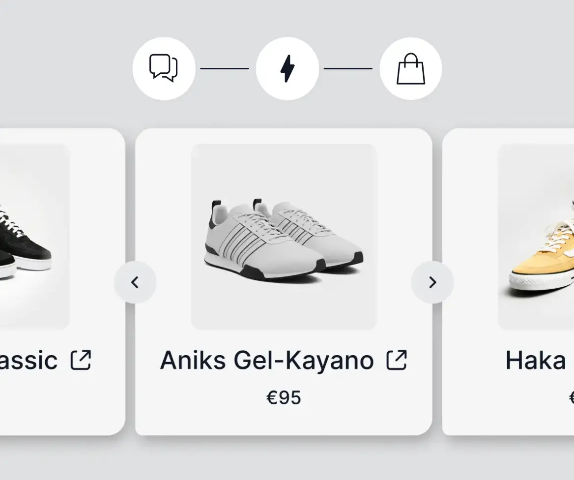 Beispielkarussell mit Sneaker-Empfehlungen inklusive Preisangabe, darüber Icons für Chat, Empfehlung und Warenkorb.