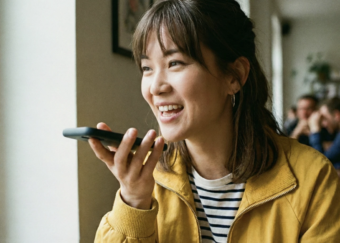 Picture of a woman talking on the phone, clearly enjoying the conversation.