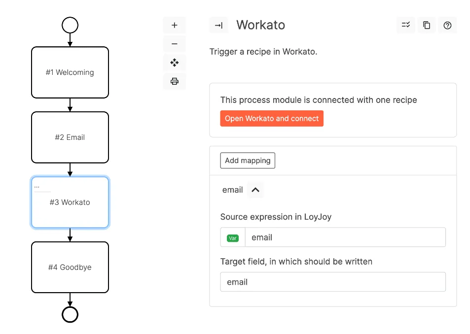 Das Workato Modul integriert in einen LoyJoy Agent.