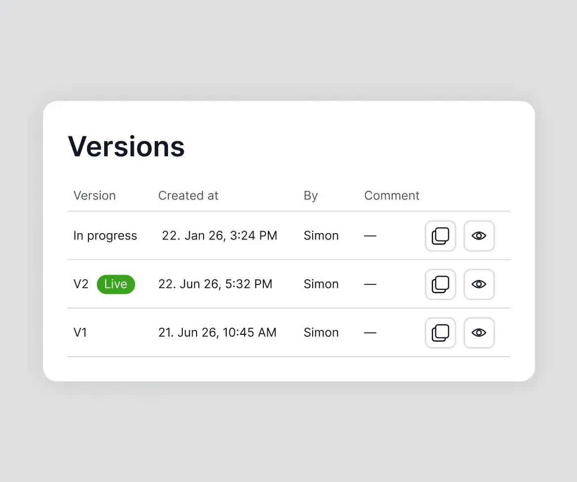 Versions-Tabelle mit In-Progress-Version, Live-Version V2 und Historie V1 samt Zeitstempeln und Verantwortlichem.