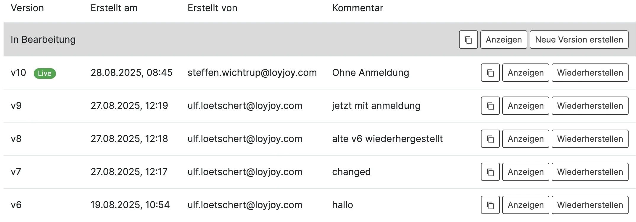 Versionenierung im LoyJoy Manager