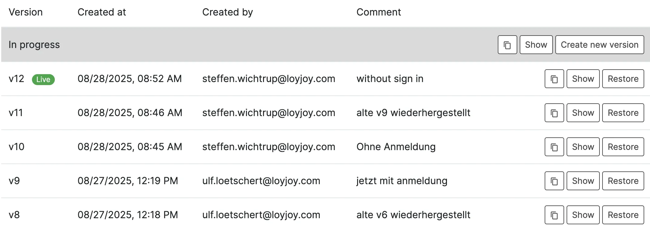 Versioning in LoyJoy Manager