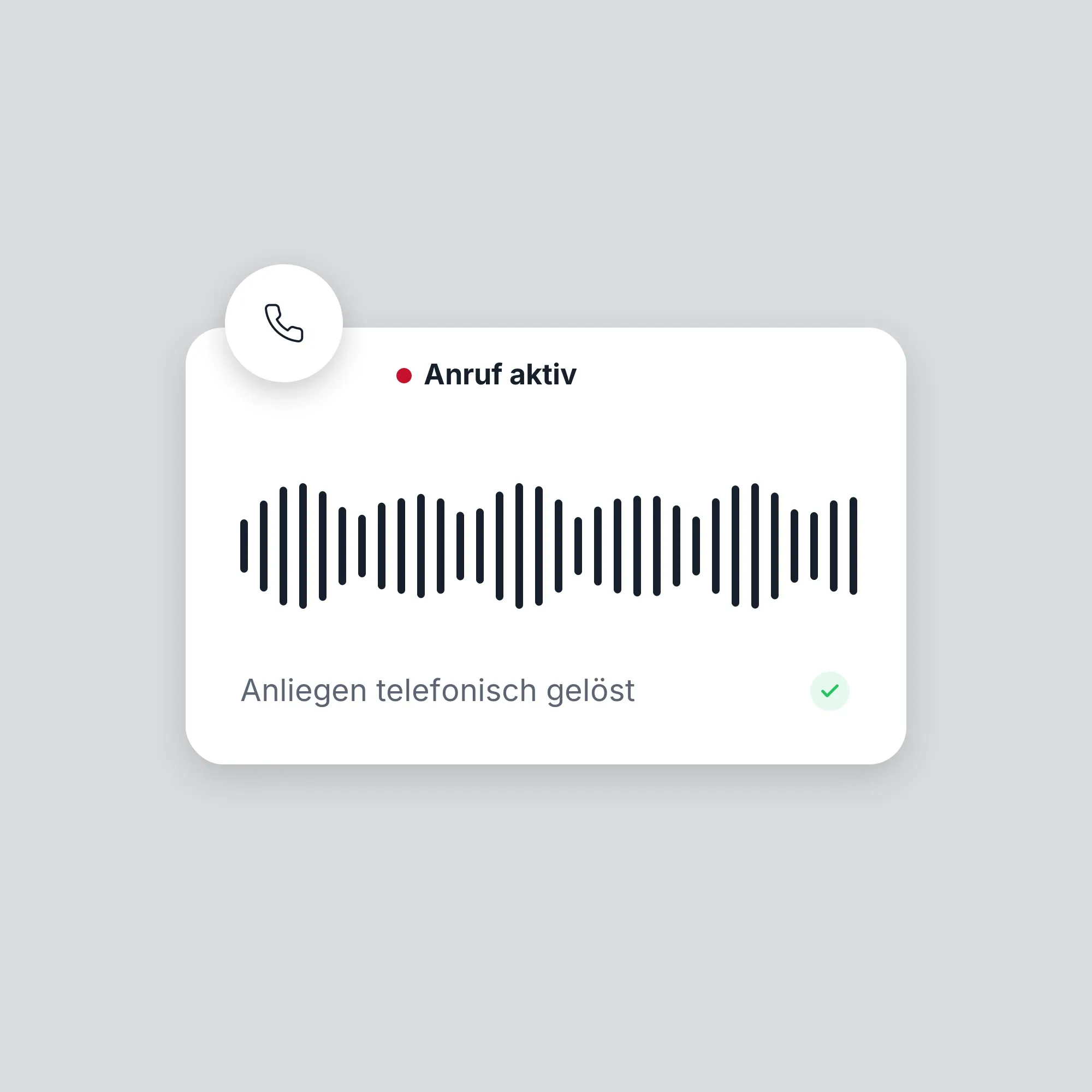 Aktive Anruf-Karte mit Telefon-Icon, Audio-Wellenform und dem Status Anliegen telefonisch gelöst.