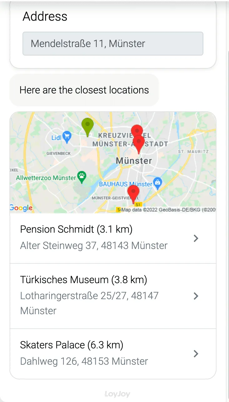 Ein Agent und einige Standorte in der Nähe der vom Nutzer eingegebenen Adresse werden angezeigt.