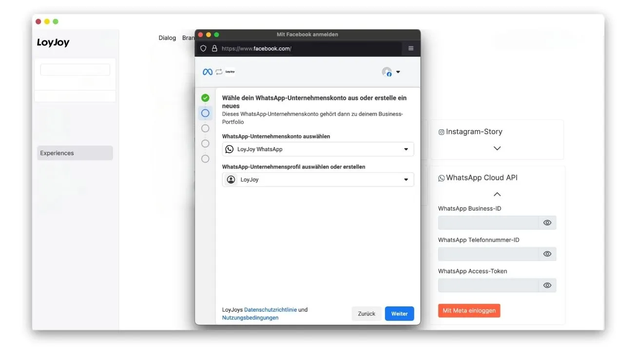 Der Bildschirm zur Einrichtung eines WhatsApp Business-Kontos zeigt Optionen zur Auswahl eines bestehenden WhatsApp-Kontos oder zur Erstellung eines neuen Kontos für ein Geschäftsprofil.