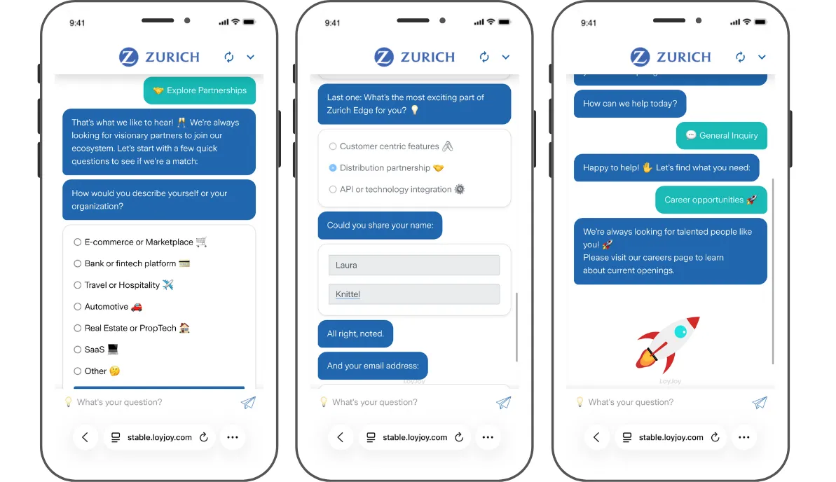 Screenshots vom Zurich Edge Chatbot