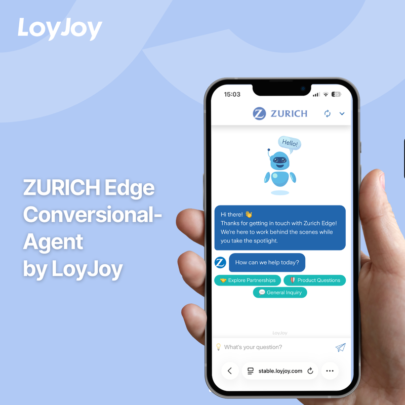 A smartphone displays a chatbot user interface of the ZURICH Edge Conversational Agent by LoyJoy with a welcome message and selection buttons